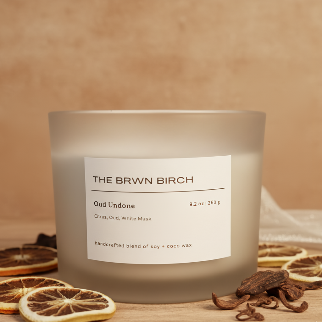 Oud Undone scented candle- deep woody oud, hand-poured, THE BRWN BIRCH