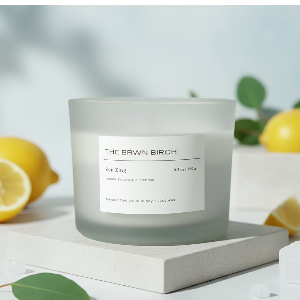 Zen Zing scented candle- lemon eucalyptus energy, THE BRWN BIRCH