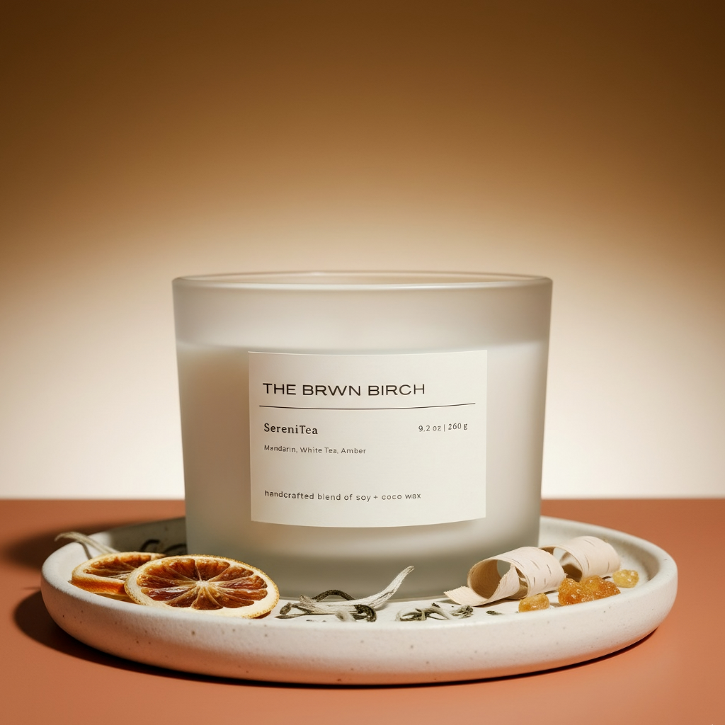 Serenitea scented candle- white tea amber, calm living, THE BRWN BIRCH