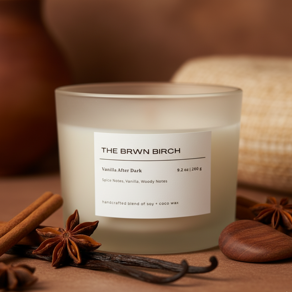 Vanilla After Dark scented candle- dark spice warm glow, THE BRWN BIRCH