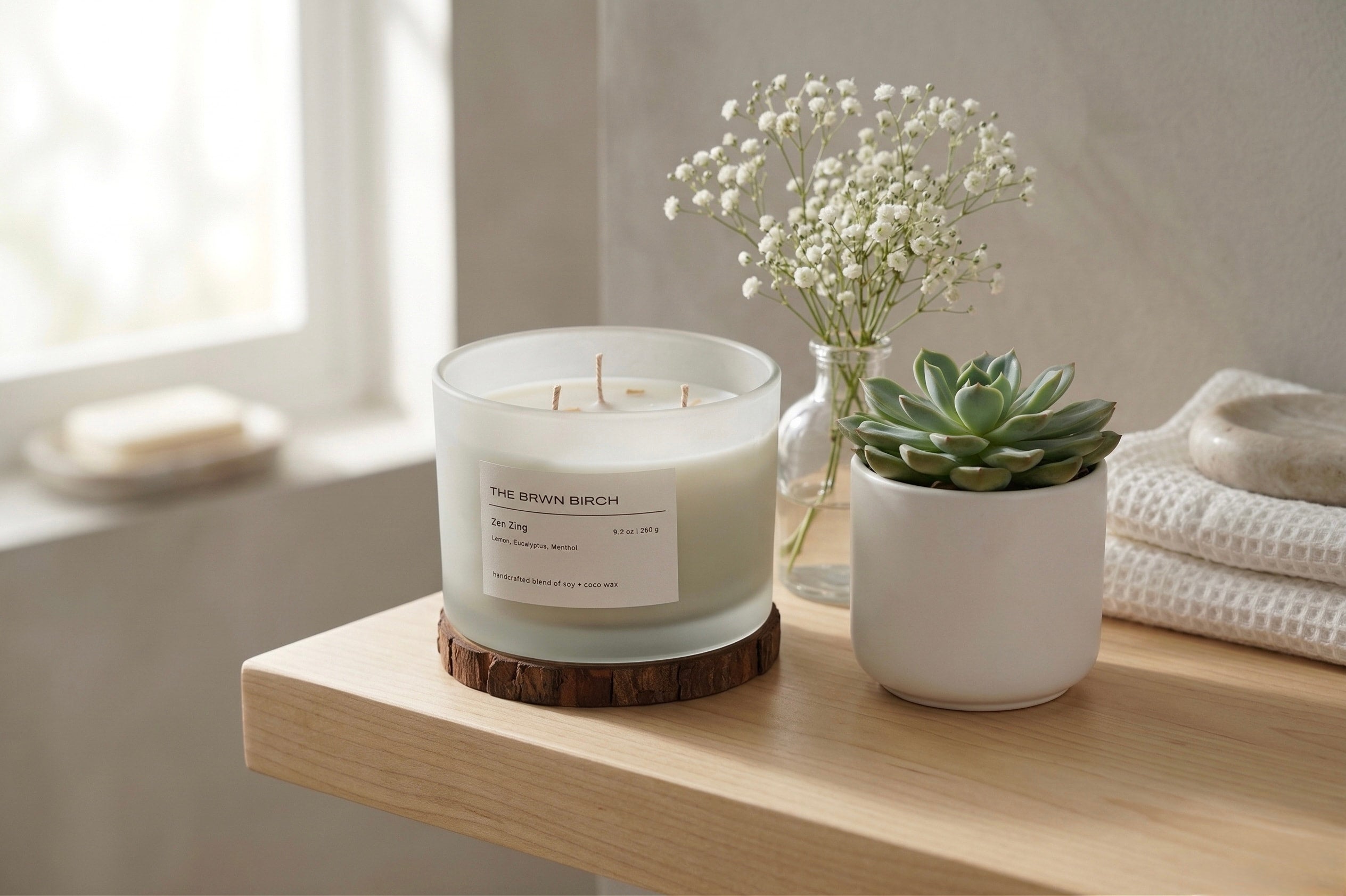  THE BRWN BIRCH, Zen Zing 3-wick scented candle styled in a bright, spa-like bathroom setting. Hand-poured luxury soy  + coconut wax wax topped with signature gold flakes in a frosted glass jar on a wooden shelf.